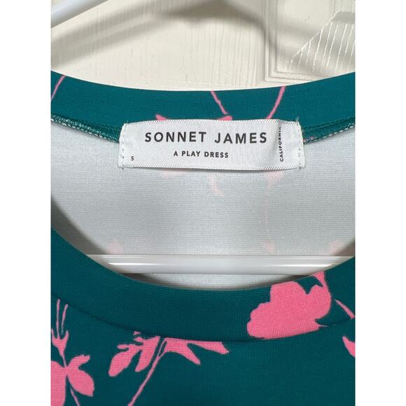 Sonnet James A Play Dress Short Sleeve Midi Teal Green with Pink Flower Pattern - Picture 3 of 7